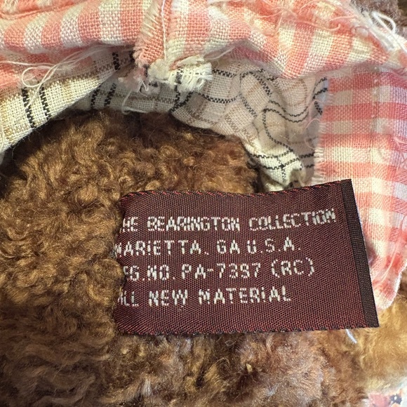 14” DRK BROWN BUNNY W/ CHECKED DRESS HOLDING BEAR FROM THE BEARINGTON COLLECTION - Picture 5 of 8